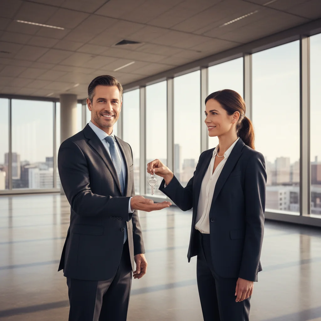 A photorealistic image depicting the handover of a commercial office space between two professionals, symbolizing the purpose of an acceptance-transfer act for premises. One person is handing over keys to the other in a modern, empty office interior with large windows and natural light, conveying a sense of completion and transition in real estate.