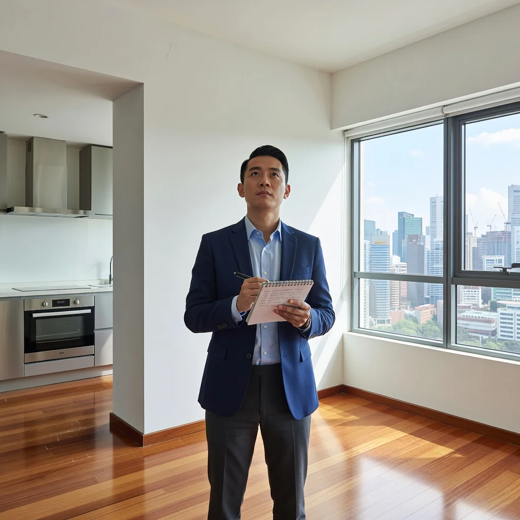 A photorealistic image of a professional adult tenant in Singapore inspecting a modern apartment interior, checking walls, floors, and fixtures with a clipboard in hand, symbolizing the importance of documenting property condition before tenancy, no children present.