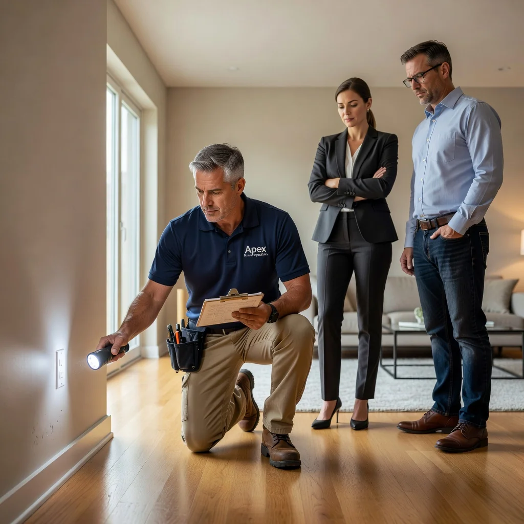A photorealistic image of a professional home inspector carefully examining the details of a modern residential property during a handover inspection, pointing out potential issues on a wall or fixture to a concerned adult buyer and real estate agent, in a well-lit living room setting, conveying caution and thoroughness without showing any legal documents or children.