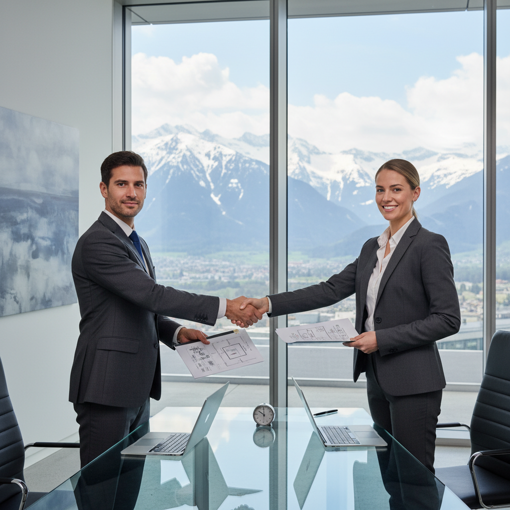 A photorealistic image of two professional adults in a Swiss office setting, shaking hands during a smooth handover of responsibilities, symbolizing the creation of a flawless transfer protocol. The scene includes Swiss elements like a flag or mountain view in the background, conveying trust and precision in business transitions. No children are present in the image.
