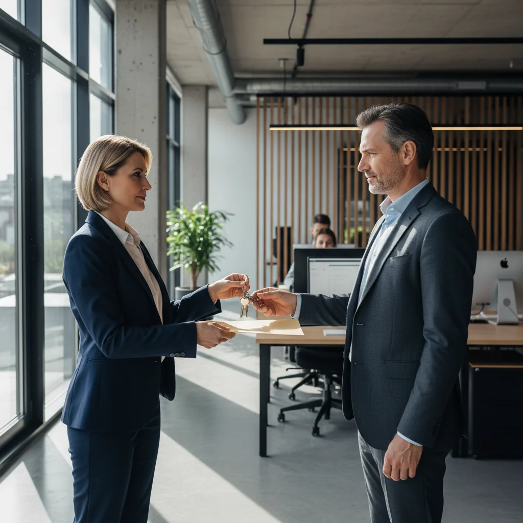 A photorealistic image of two professional adults in a modern office setting, one handing over a set of keys and a folder to the other, symbolizing a smooth handover or transition in business responsibilities. The scene conveys trust and continuity, with no documents visible, and absolutely no children present.
