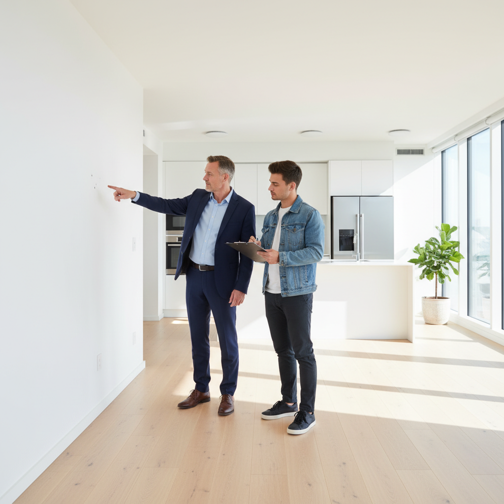 A photorealistic image of a professional adult real estate agent and a tenant conducting a detailed walkthrough inspection in a modern, well-lit apartment, pointing at various features like walls, floors, and appliances, symbolizing a thorough état des lieux process in a rental context. No children or documents visible.