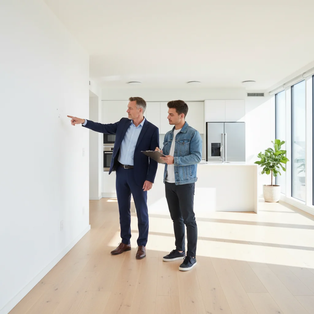 A photorealistic image of a professional adult real estate agent and a tenant conducting a detailed walkthrough inspection in a modern, well-lit apartment, pointing at various features like walls, floors, and appliances, symbolizing a thorough état des lieux process in a rental context. No children or documents visible.