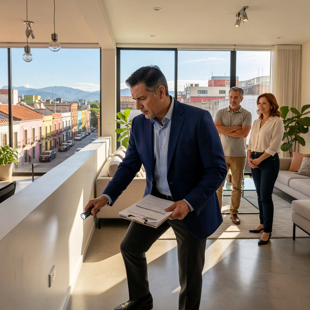 A photorealistic image of a professional inspector carefully examining the interior of a modern Mexican home during a property handover, with an adult couple observing nearby, symbolizing the delivery and reception process of real estate in Mexico.