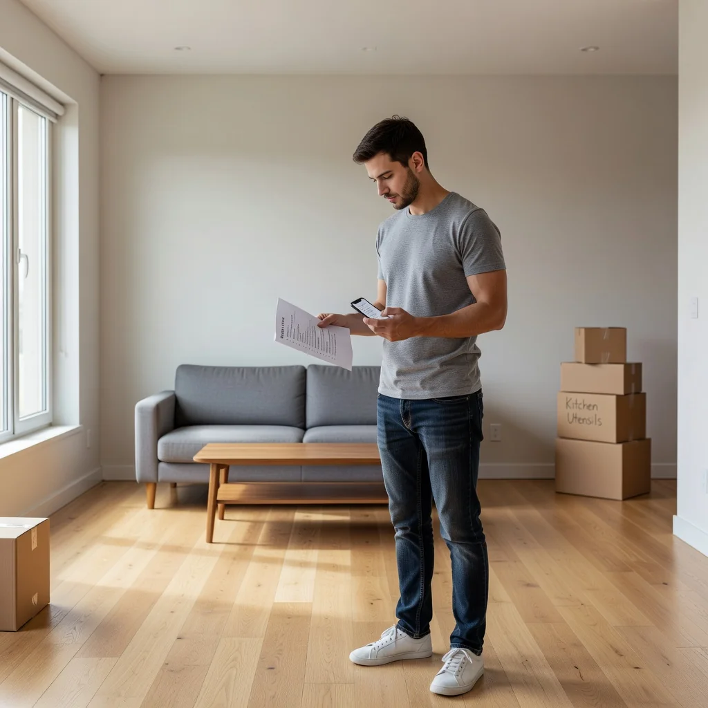 A photorealistic image depicting a young adult tenant in a modern apartment, carefully inspecting and documenting the condition of the empty living room with a checklist and smartphone, symbolizing the preparation of a move-out report to avoid disputes, with natural light streaming through windows, no children present.