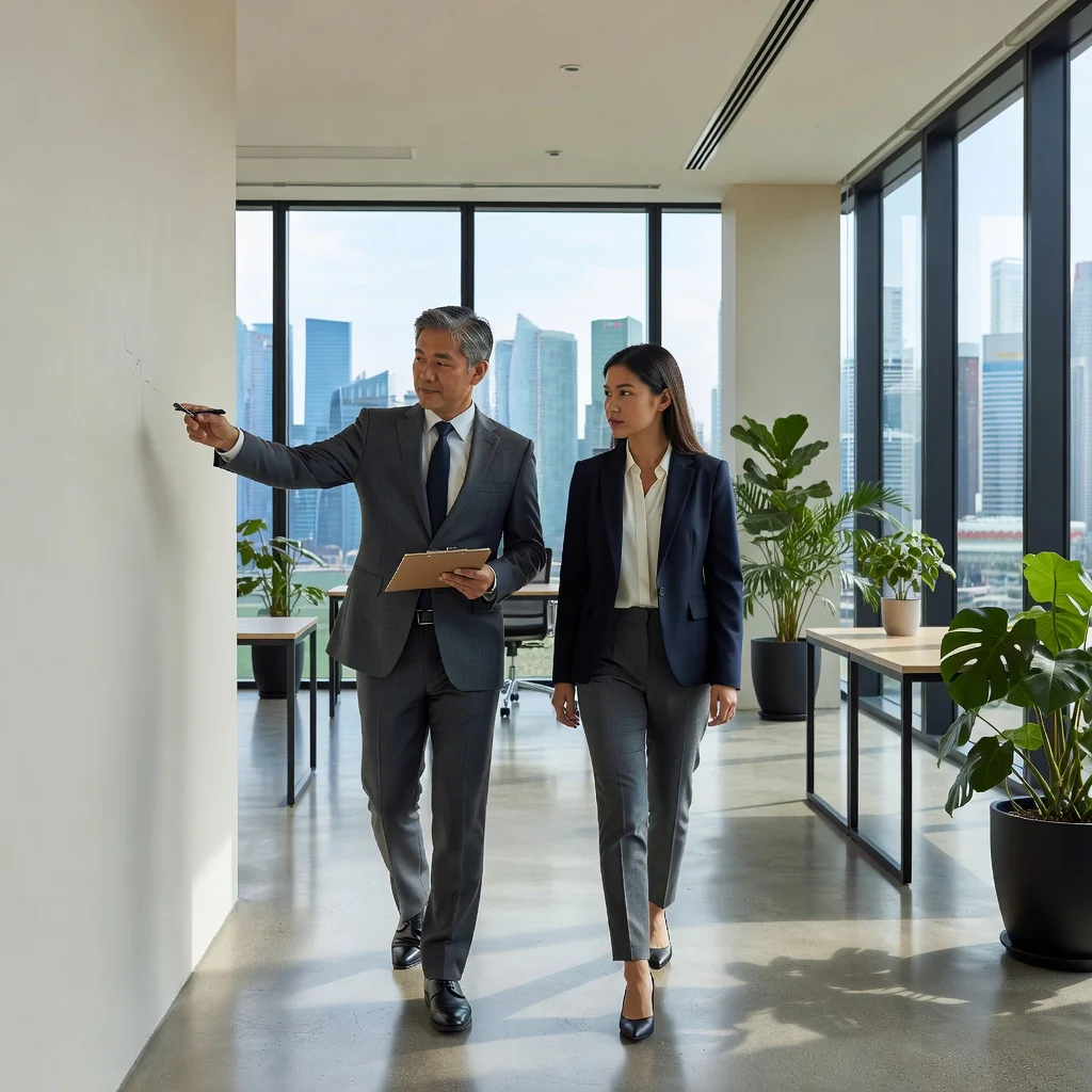 A photorealistic image of a professional real estate agent and a tenant conducting a detailed walkthrough inspection of a modern commercial property interior in Singapore, taking notes on a clipboard to document the initial condition before signing a lease, with elements like clean walls, floors, and office furniture in view, conveying preparation and due diligence for property leasing.