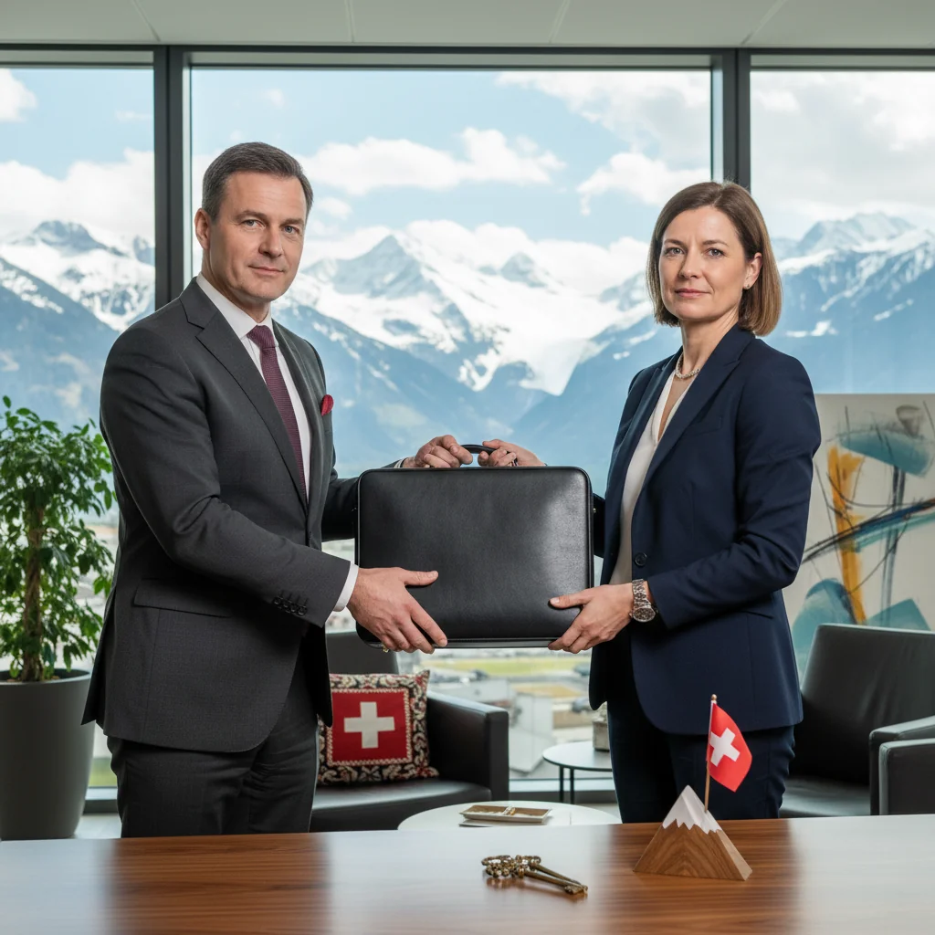 A photorealistic image depicting a professional handover moment in a Swiss business setting, such as a manager passing a set of keys to a successor in an office with Swiss flags or mountain views in the background, symbolizing the transition of responsibilities without showing any documents.