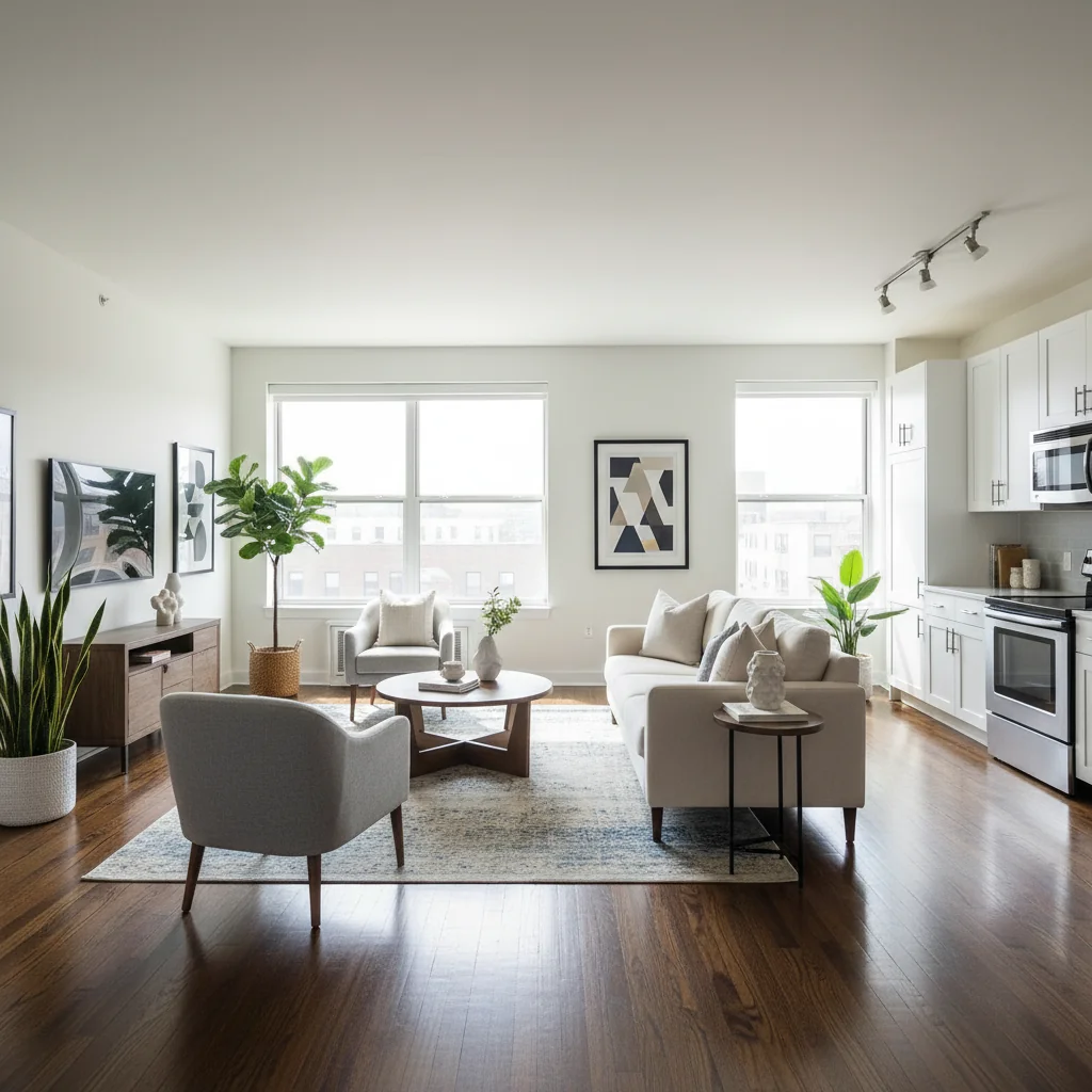 A photorealistic image of a modern, well-maintained apartment interior in a residential building, showcasing clean living spaces with natural light streaming through windows, symbolizing a housing status report that verifies the condition of a home. No people or children are present.