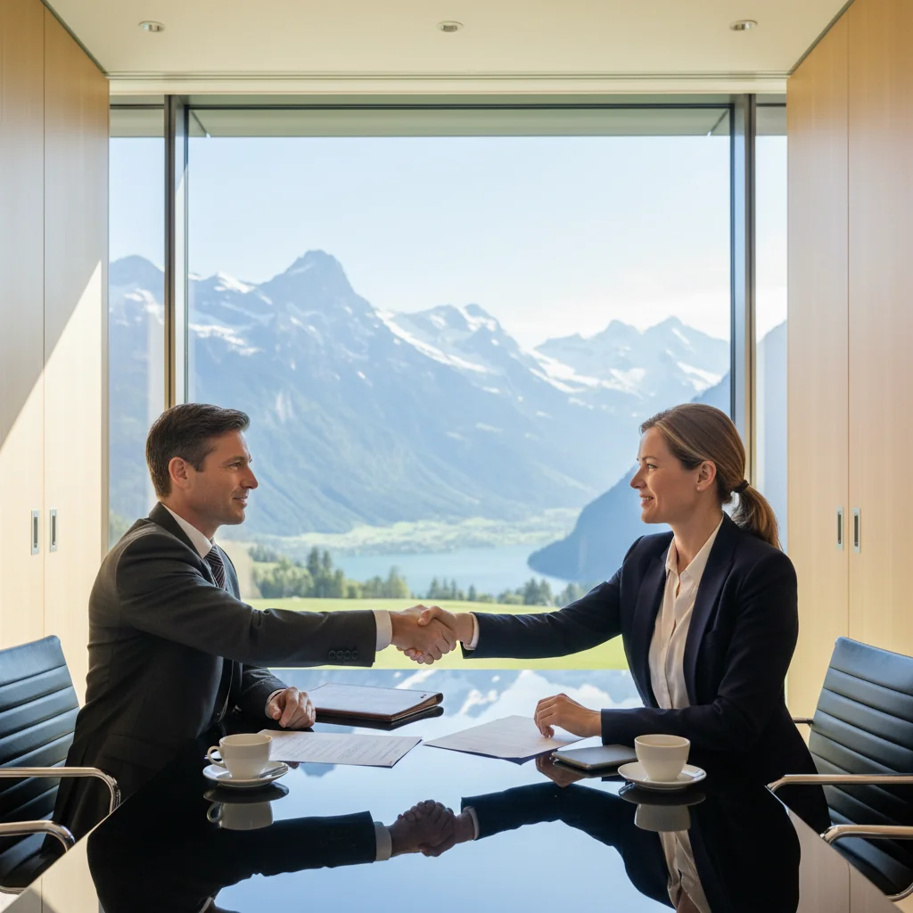 A photorealistic image of two professionals in a modern Swiss office shaking hands over a conference table, symbolizing the formal handover or transition process in business, with Swiss Alps visible through the window in the background, conveying trust and professionalism without showing any documents or children.