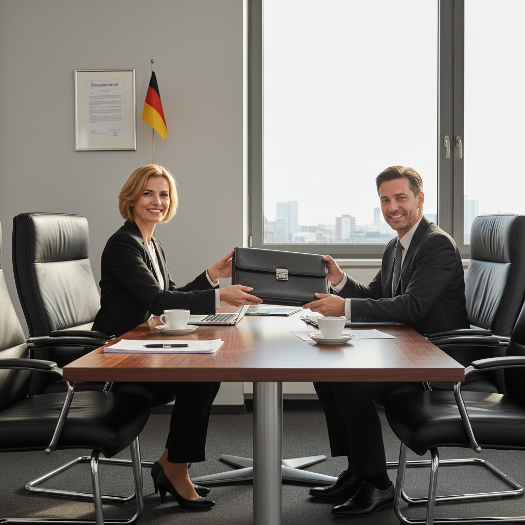A professional handover meeting in a modern German office, with two adults shaking hands over a conference table, symbolizing the transfer of responsibilities as in a Übergabeprotokoll document, with subtle German elements like a flag in the background.