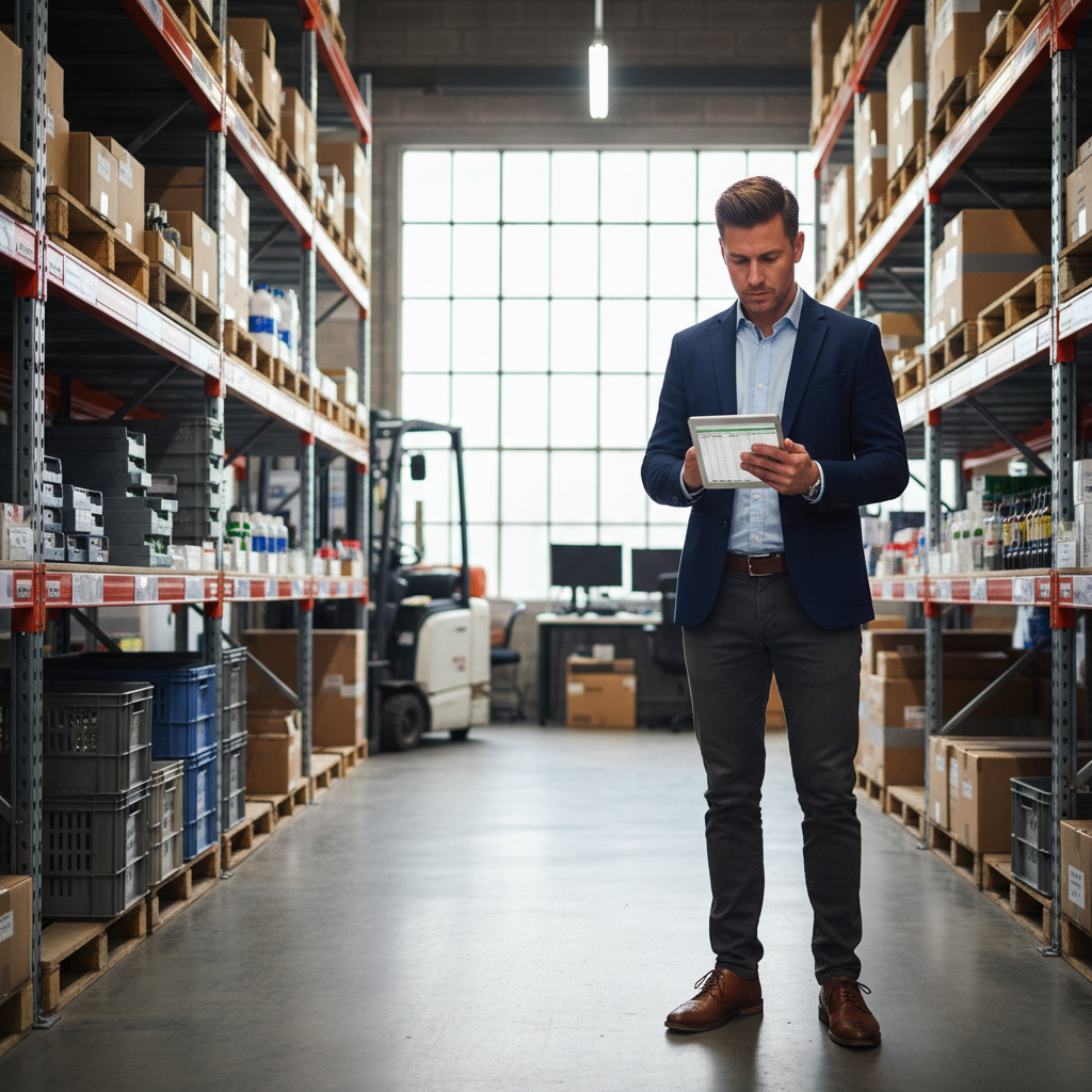 A photorealistic image of a professional in a modern warehouse office, reviewing inventory data on a tablet while overseeing stock shelves in the background, symbolizing efficient inventory management in a UK business context. No children present.