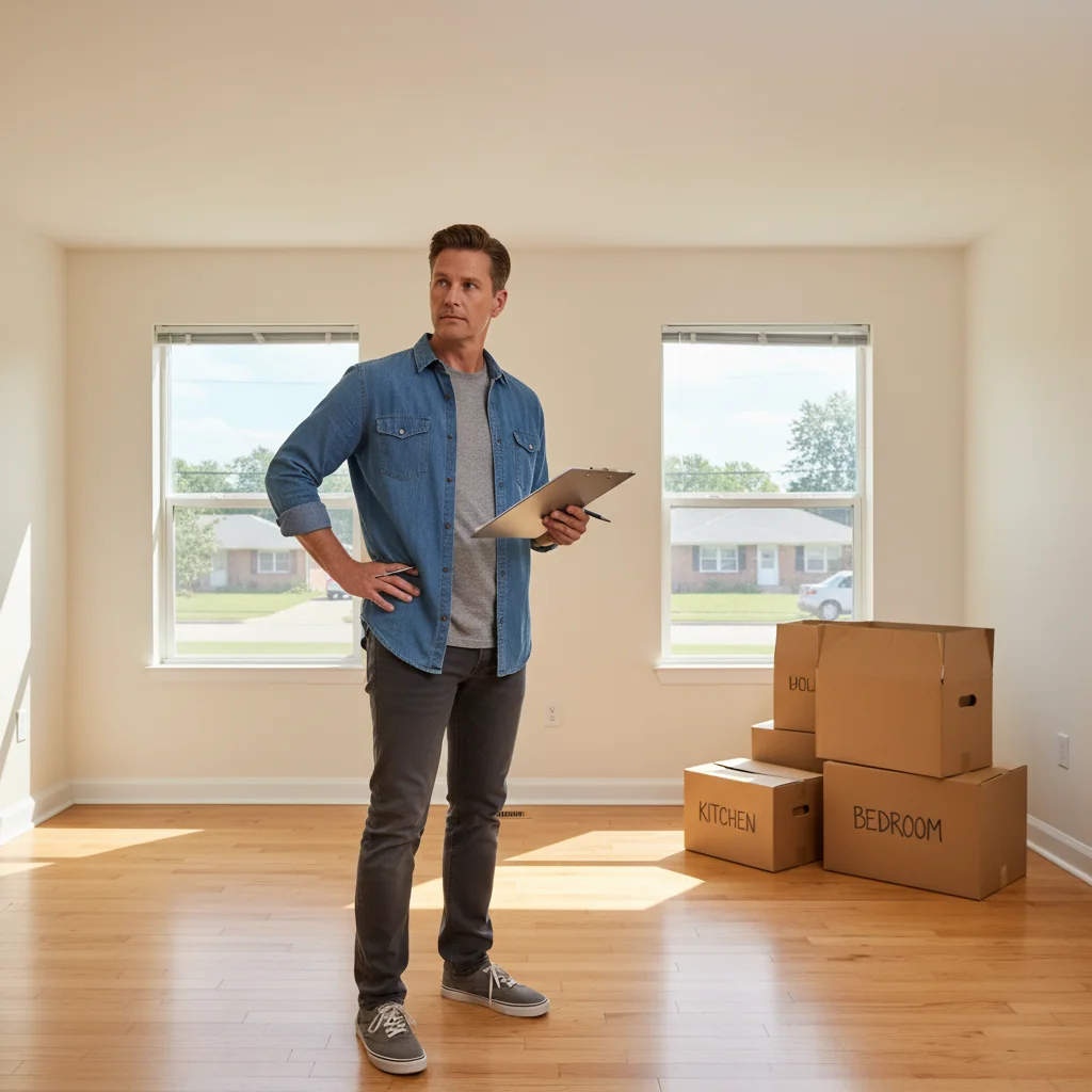 A photorealistic image of an adult tenant moving into a modern apartment building in the United States, carrying boxes and inspecting the empty living space, symbolizing the initial condition assessment for a move-in report. No children are present in the image.