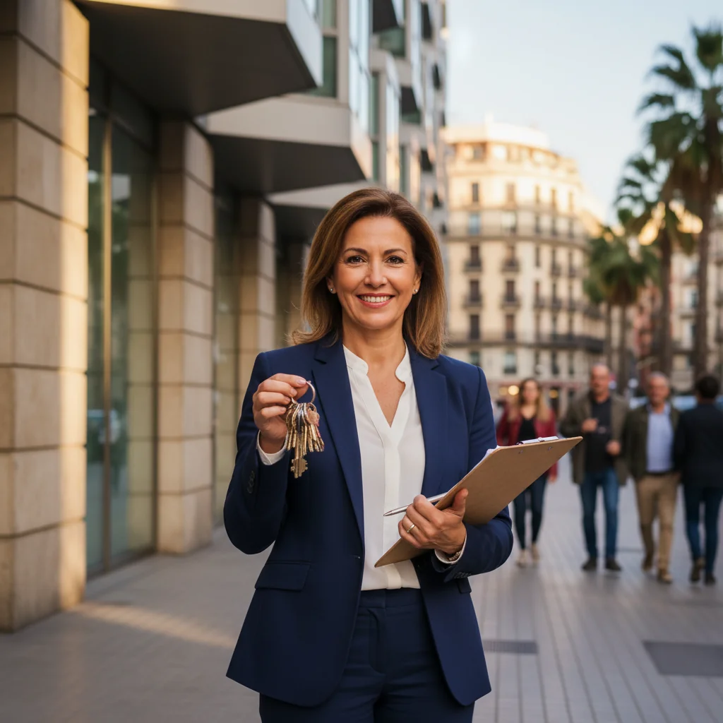 A photorealistic image of a professional Spanish real estate agent standing in front of a modern apartment building in an urban Spanish city, holding a set of keys and smiling confidently at the camera, with a subtle overlay of a housing status report in the background, no children visible, emphasizing the legal and housing aspects in Spain.