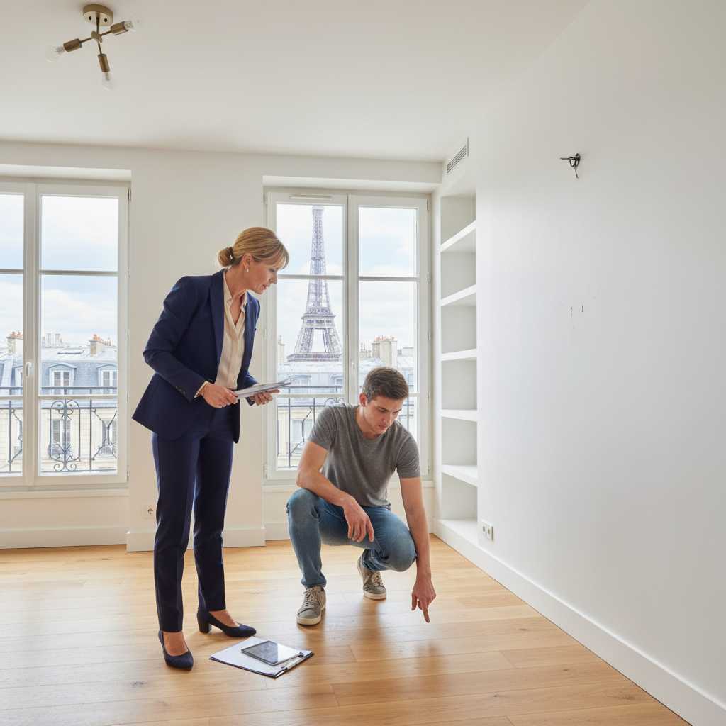 A photorealistic image depicting a professional French real estate agent and a tenant conducting an état des lieux inspection in a modern Parisian apartment. The agent, a middle-aged adult woman in business attire, and the tenant, a young adult man in casual clothes, are carefully examining the empty living room, checking walls, floors, and fixtures. Sunlight streams through large windows overlooking the Eiffel Tower in the background, emphasizing the relocation and housing theme in France. No children are present. The image is highly detailed and realistic, like a professional photograph.
