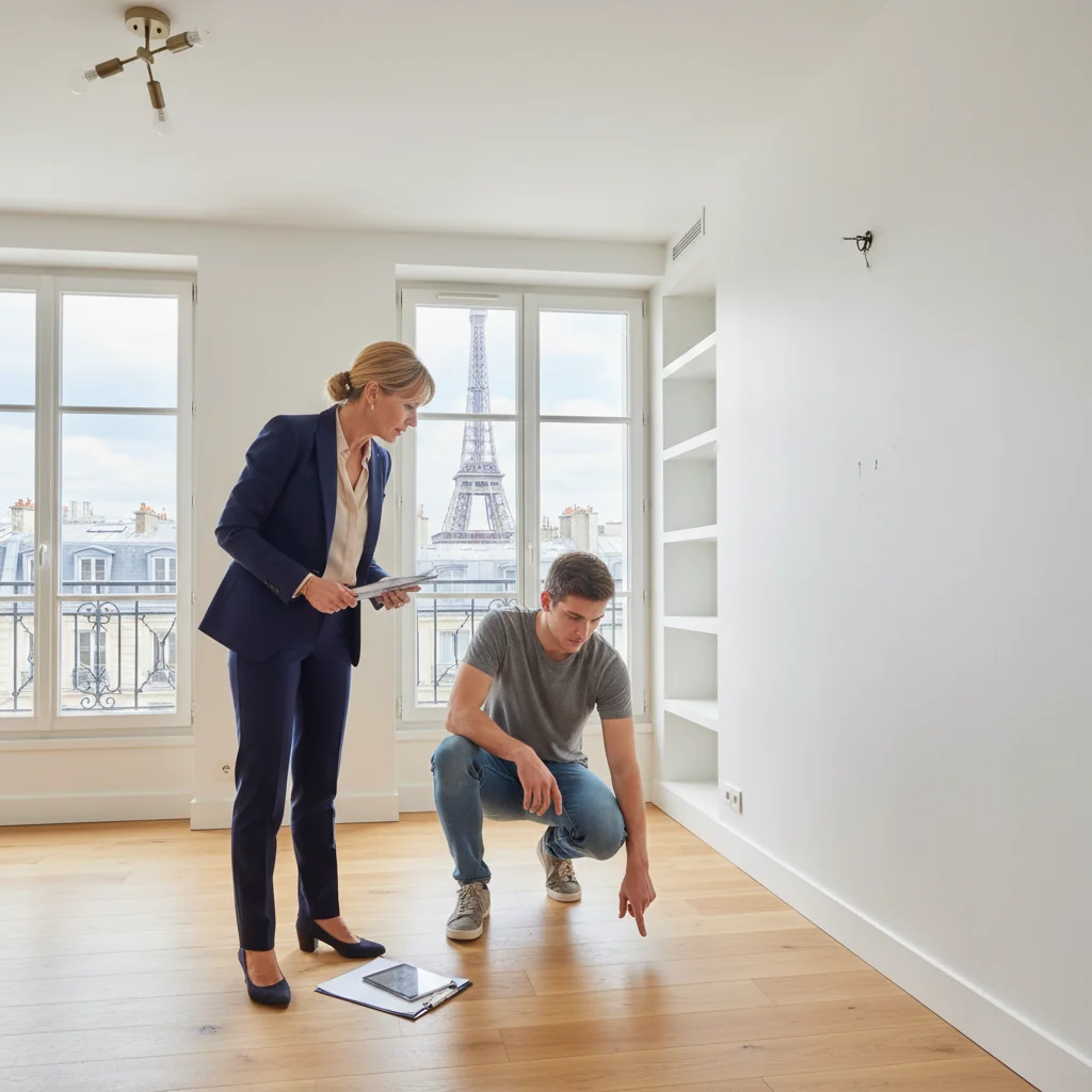 A photorealistic image depicting a professional French real estate agent and a tenant conducting an état des lieux inspection in a modern Parisian apartment. The agent, a middle-aged adult woman in business attire, and the tenant, a young adult man in casual clothes, are carefully examining the empty living room, checking walls, floors, and fixtures. Sunlight streams through large windows overlooking the Eiffel Tower in the background, emphasizing the relocation and housing theme in France. No children are present. The image is highly detailed and realistic, like a professional photograph.