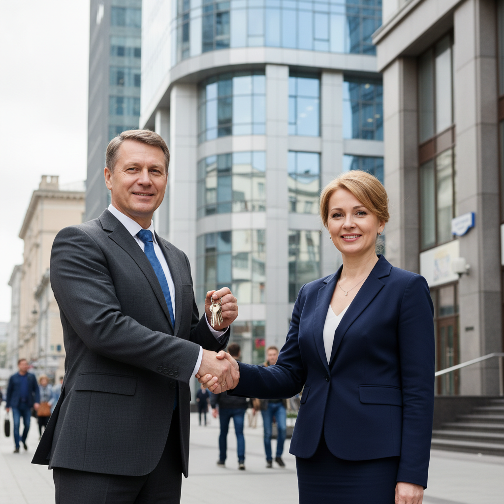 A professional scene depicting the handover of a commercial property in Russia, with two adults shaking hands in front of a modern office building exterior, conveying trust and agreement in a real estate transaction, photorealistic style.