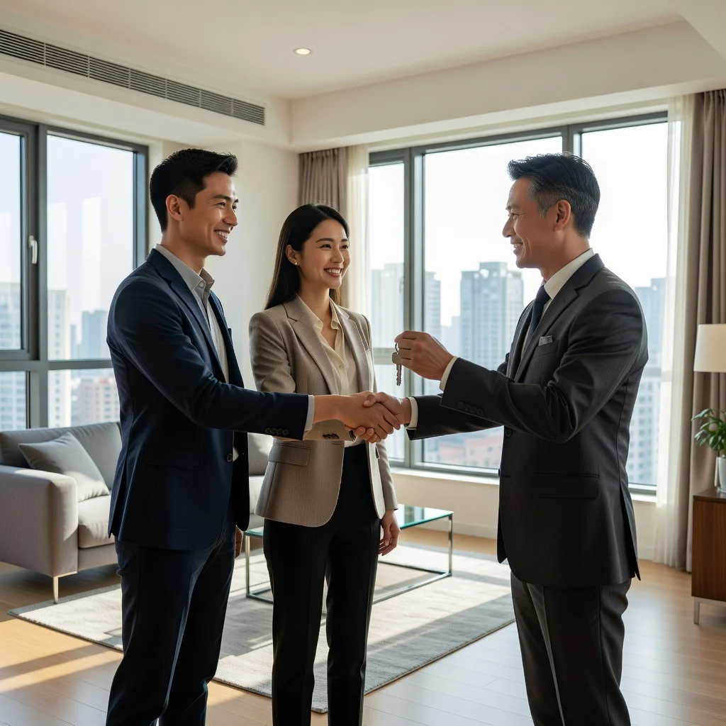 A photorealistic image of a young adult Chinese professional couple standing in a modern apartment living room, smiling happily as they shake hands with a real estate agent, symbolizing the move-in process for renting housing in China. The scene captures the excitement of starting a new tenancy without any legal documents visible.
