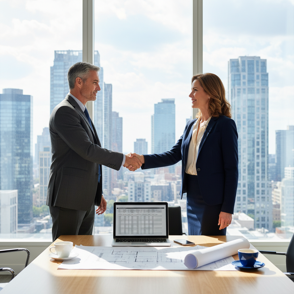 A photorealistic image of a professional business meeting between a landlord and a tenant in a modern commercial space, discussing a lease agreement with handshakes and architectural plans on the table, conveying trust and business partnership.