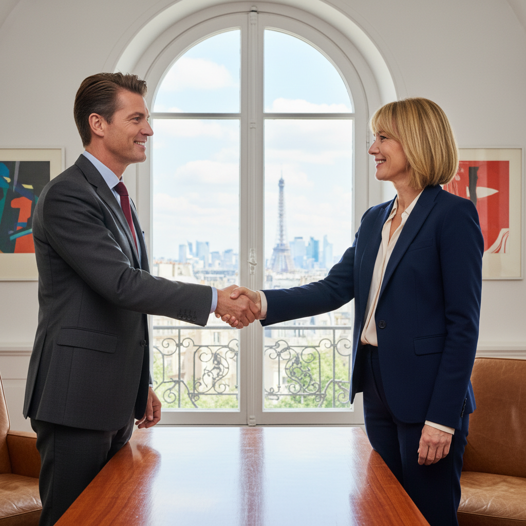A photorealistic image of two professional adults in a business meeting, shaking hands across a desk in a modern office, symbolizing a commercial agreement or guarantee in French business law, conveying trust and partnership without any legal documents visible.