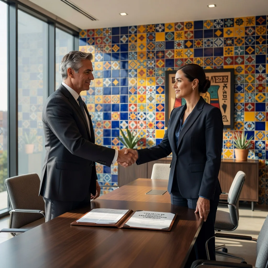 A photorealistic image depicting a professional business handshake between two adults in a modern commercial office space in Mexico, symbolizing the agreement and trust in a commercial lease contract, with subtle Mexican architectural elements in the background like colorful tiles or a flag, no children present, highly detailed and realistic lighting.