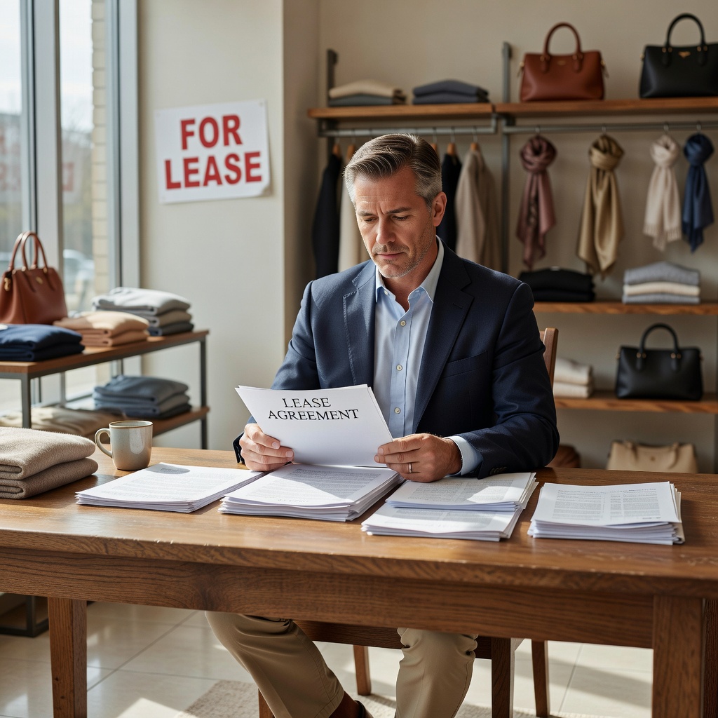 A photorealistic image of a professional adult retail store manager in a modern retail space, carefully reviewing a lease agreement at a desk with store shelves and merchandise in the background, symbolizing awareness and avoidance of pitfalls in retail leases.