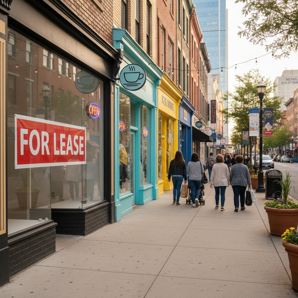 A vibrant illustration of a bustling retail storefront in a modern American shopping district, with a 'Lease Available' sign on the window, symbolizing the excitement of securing a retail space under a lease agreement, without showing any legal documents.