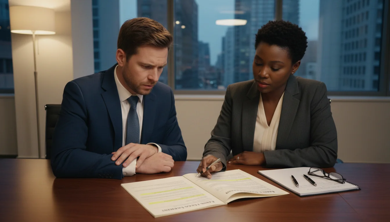 Business professionals reviewing lease contract