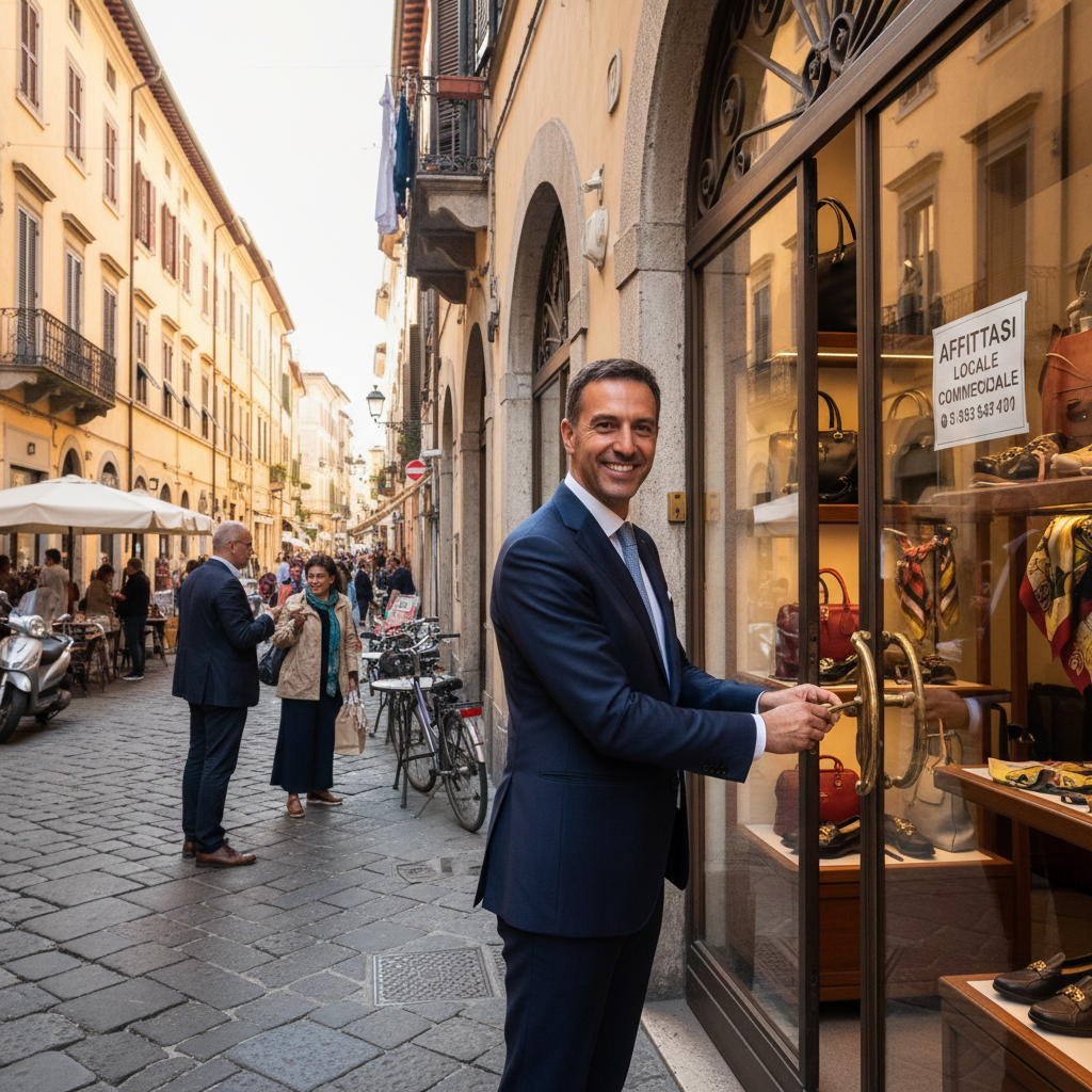 A photorealistic image of a modern commercial storefront in an Italian urban setting, symbolizing a successful commercial lease agreement. The scene shows an adult entrepreneur standing confidently in front of the open shop door, with subtle Italian architectural elements in the background, evoking business opportunity and legal stability in commercial real estate.