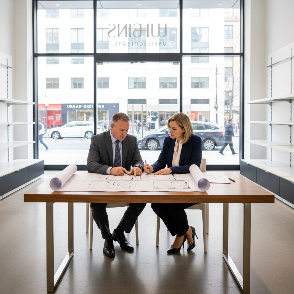 A photorealistic image of a professional business meeting in a modern retail store setting, showing adults discussing lease terms over a table with architectural plans and store blueprints, evoking the essence of retail lease agreements without displaying any legal documents.