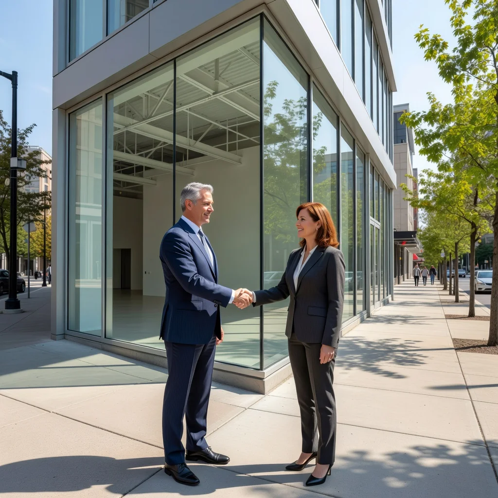 A professional business scene depicting a retail store lease agreement context, showing a confident adult entrepreneur shaking hands with a real estate agent in front of a modern empty retail storefront, symbolizing successful commercial leasing without focusing on documents.