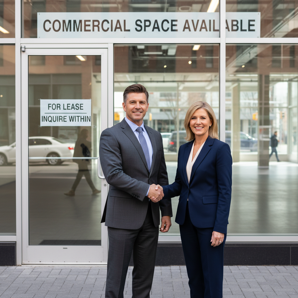 A photorealistic image of two professional adults, a landlord and a tenant, shaking hands in front of a modern commercial storefront, symbolizing a commercial lease agreement. The scene is set during the day with clear lighting, showing the entrance of a retail shop or office space, conveying trust and business partnership in commercial renting. No children are present in the image.