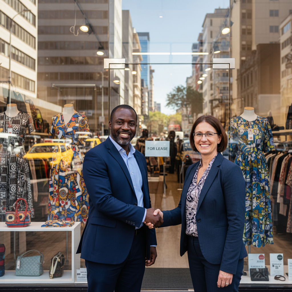 A photorealistic image of a modern South African retail storefront with a leasing agreement handshake between a business owner and a landlord in the foreground, emphasizing the commercial leasing process without showing any legal documents or children.