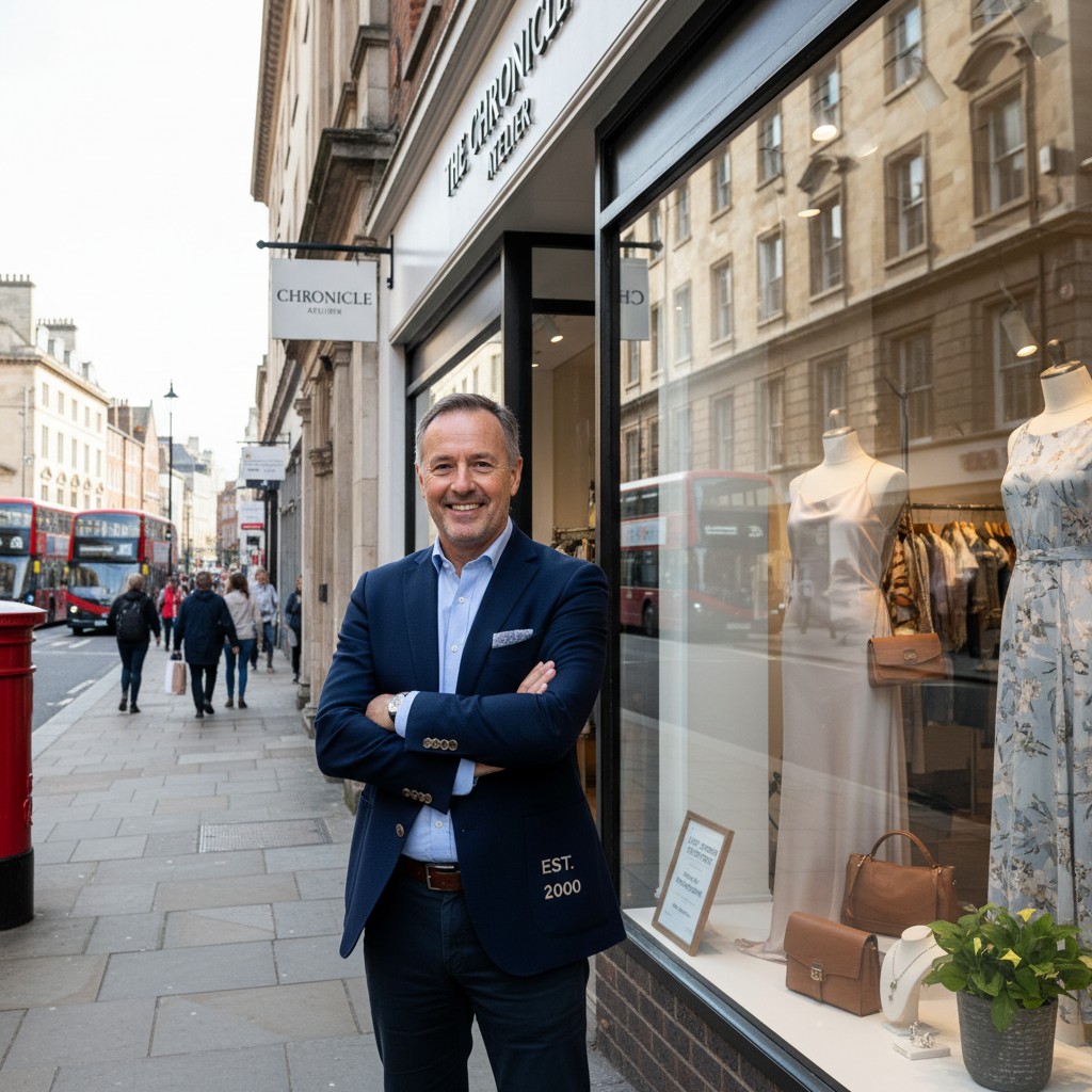 A photorealistic image of a professional retail shop owner standing confidently in a modern UK high street storefront, symbolizing the importance of a well-drafted lease agreement for retail spaces. The scene captures the essence of retail business success without focusing on legal documents.