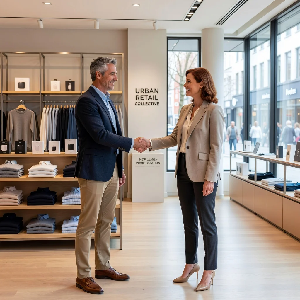 A photorealistic image of a modern retail store interior with a professional adult business owner shaking hands with an adult tenant representative in the foreground, symbolizing the agreement for retail space lease, surrounded by neatly arranged merchandise shelves and a welcoming storefront window, conveying success and partnership in retail business without any focus on legal documents.