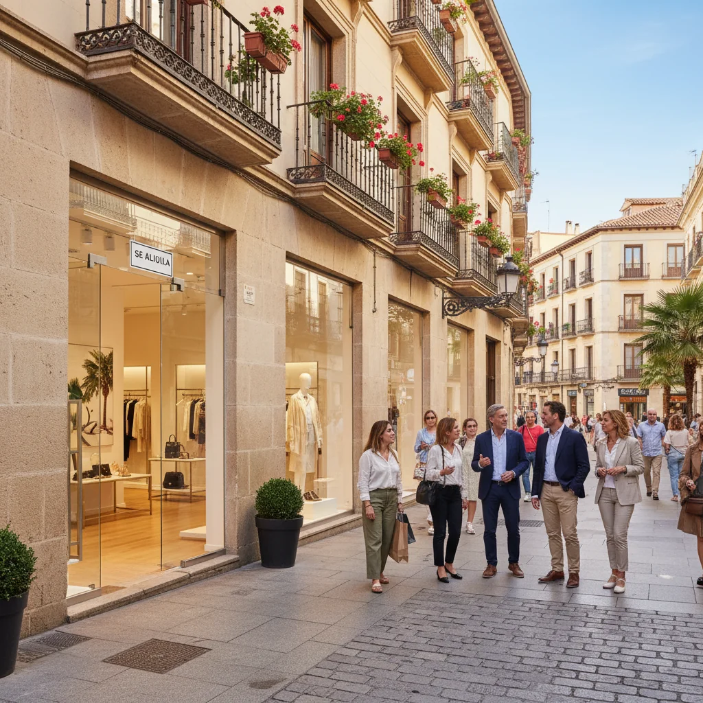 A photorealistic image of a modern commercial space in Spain, such as a stylish storefront in a bustling urban area like Barcelona, with a 'Se Alquila' sign indicating it's available for lease, capturing the vibrancy of business opportunities without focusing on legal documents.