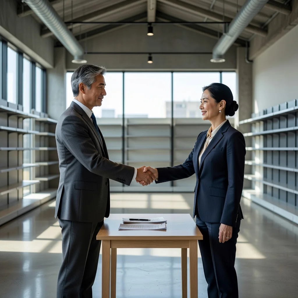 A photorealistic image of two professional adults, a landlord and a tenant, shaking hands in a modern retail store space with empty shelves and display areas in the background, symbolizing the signing of a retail lease agreement in China.