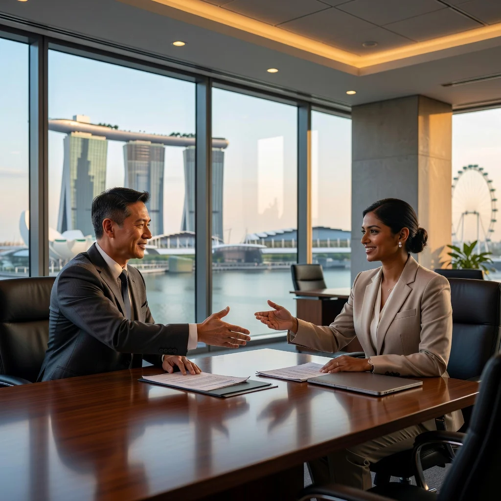 A professional business negotiation scene in a modern Singapore office, showing two adults shaking hands across a table with a city skyline view of Singapore in the background, symbolizing a favorable retail lease agreement.
