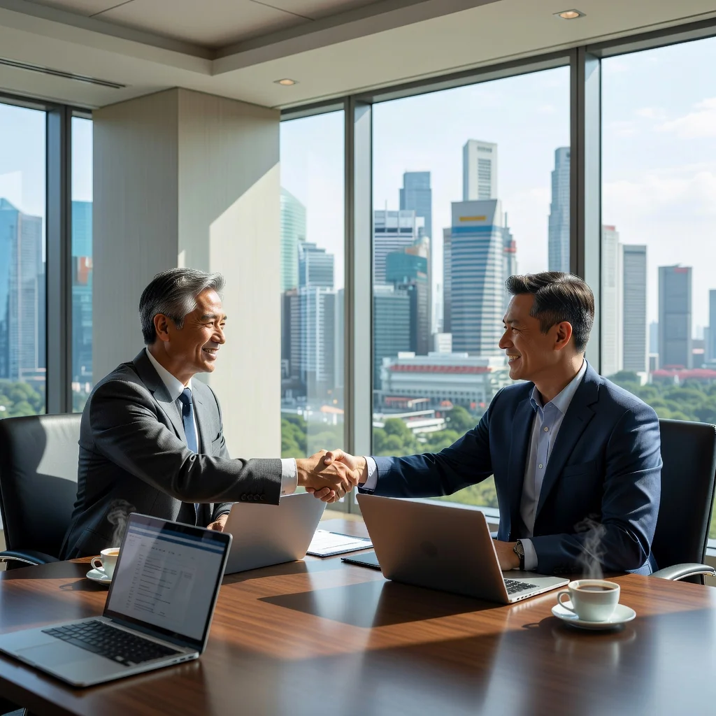 A photorealistic image of a professional business meeting in a modern Singapore office, showing a retail business owner and a real estate agent shaking hands over a discussion table with subtle city skyline view in the background, symbolizing successful retail lease negotiation without any legal documents visible.