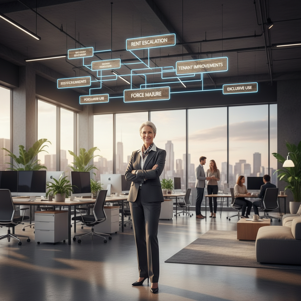 A photorealistic image of a professional businessperson standing confidently in a modern, well-lit commercial office space, symbolizing the importance of key clauses in commercial lease agreements for business properties.