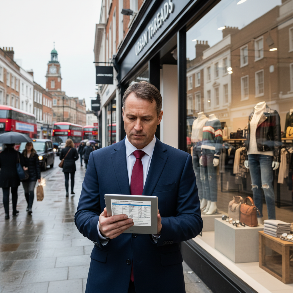 A photorealistic image of a professional adult businessperson standing thoughtfully in front of a modern retail storefront in a bustling UK high street, examining a lease agreement on a tablet, symbolizing awareness of common pitfalls in retail leases, with no children present.