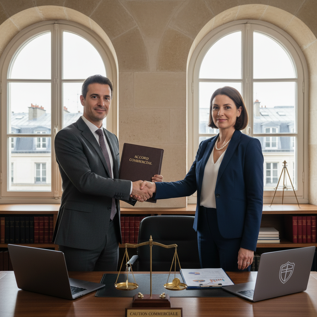 A photorealistic image representing commercial caution in France, showing a professional business meeting in a modern French office where a business owner and a banker are shaking hands over a deal, symbolizing financial security and trust in commercial transactions, with subtle French elements like the Eiffel Tower visible through the window in the background.