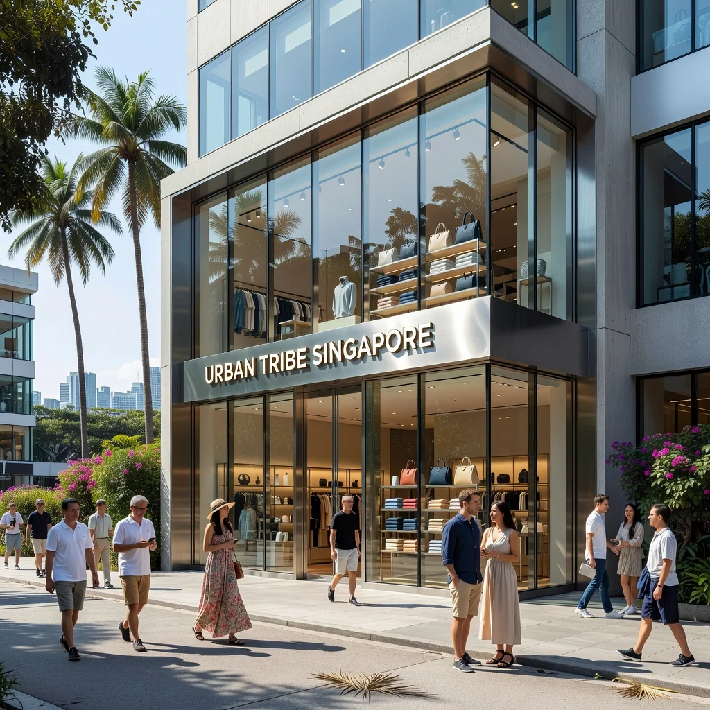 A photorealistic image of a modern retail storefront in a bustling Singapore shopping district, with elegant glass facades, vibrant signage, and passersby browsing, symbolizing the commercial leasing aspect without focusing on legal documents.