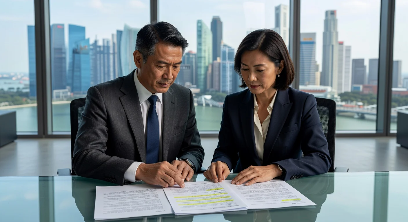 Business professionals reviewing lease contract.