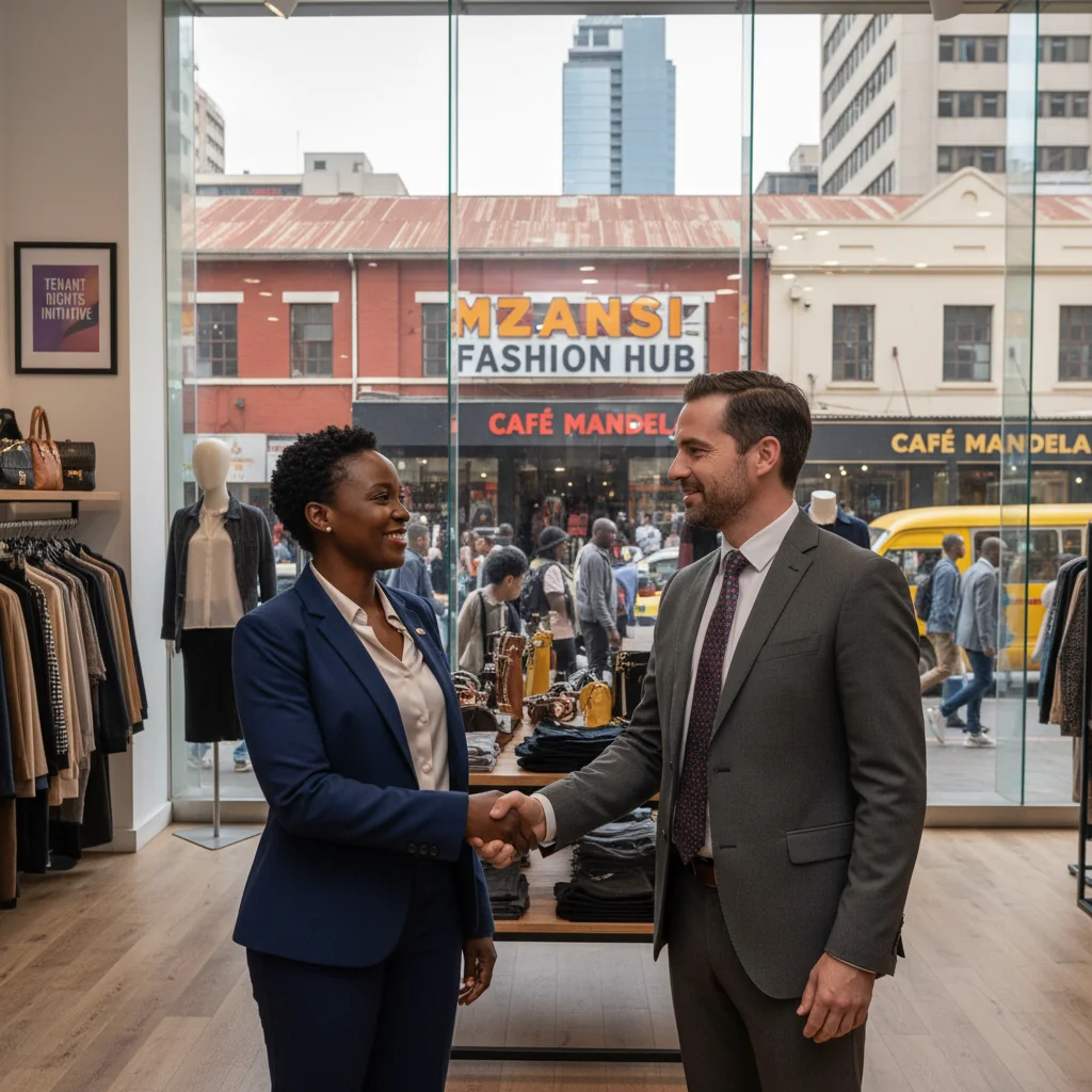 A photorealistic image of a confident adult tenant, a middle-aged woman in professional attire, standing in a modern South African retail storefront, shaking hands with a landlord over a lease agreement discussion, with elements of retail commerce like shop windows and signage in the background, symbolizing tenant rights and fair agreements in a South African context.