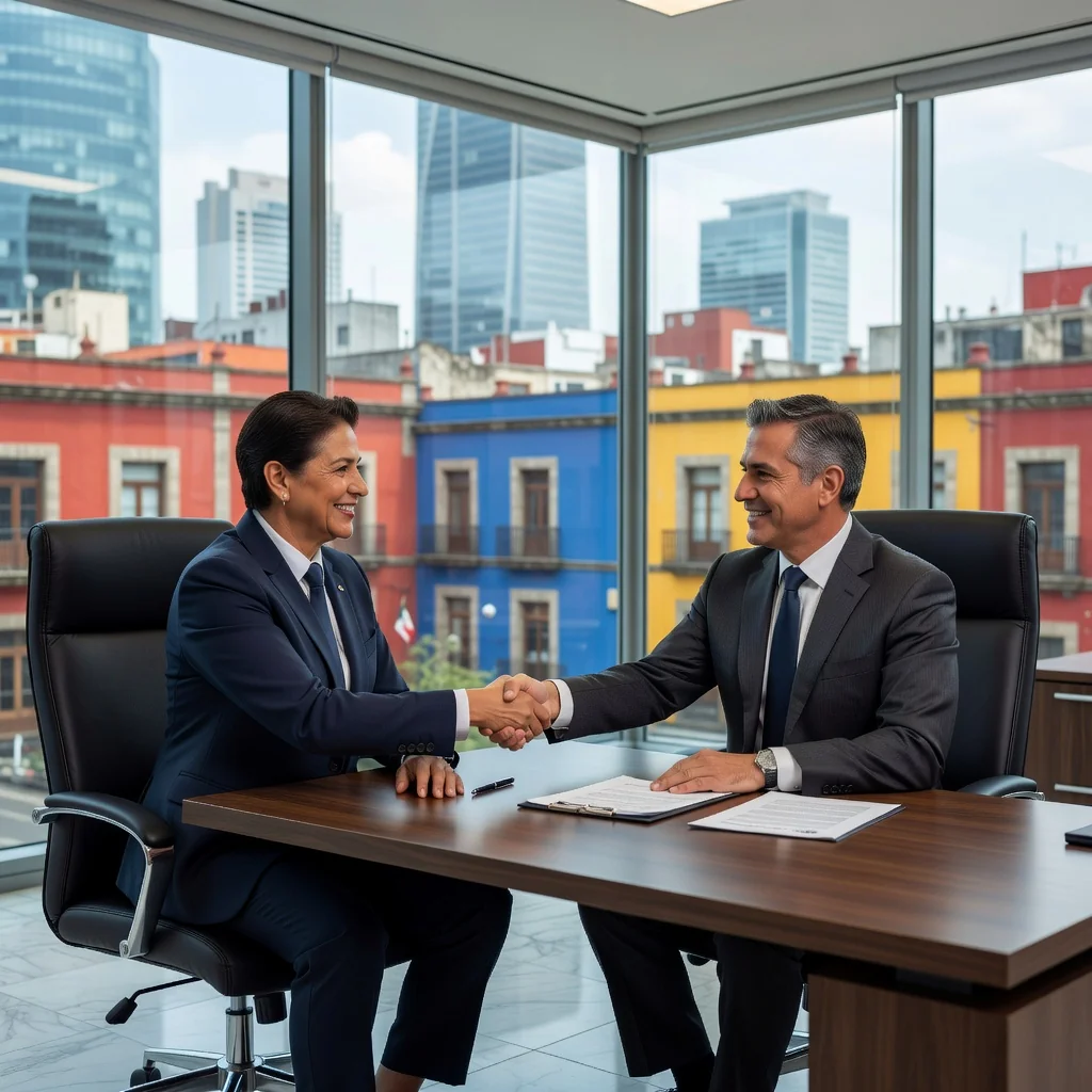 A photorealistic image of two professional adults, a landlord and a tenant, shaking hands in a modern commercial office space in Mexico, symbolizing a business lease agreement. The setting includes elements like a storefront or office building with subtle Mexican architectural influences, conveying trust and partnership in commercial renting.