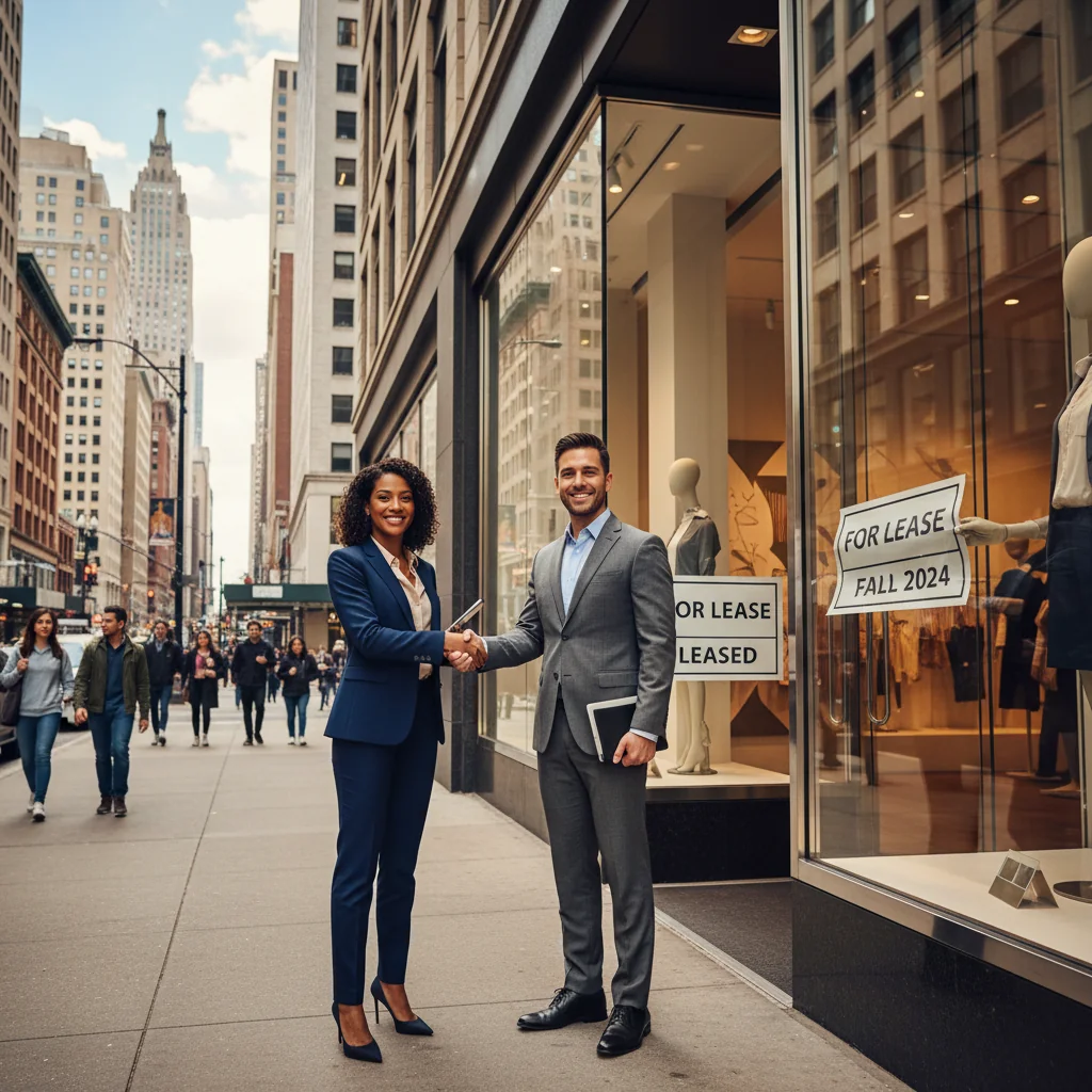 A professional business owner shaking hands with a real estate agent in front of a vibrant retail storefront in a bustling US city, symbolizing successful negotiation of a retail lease agreement.