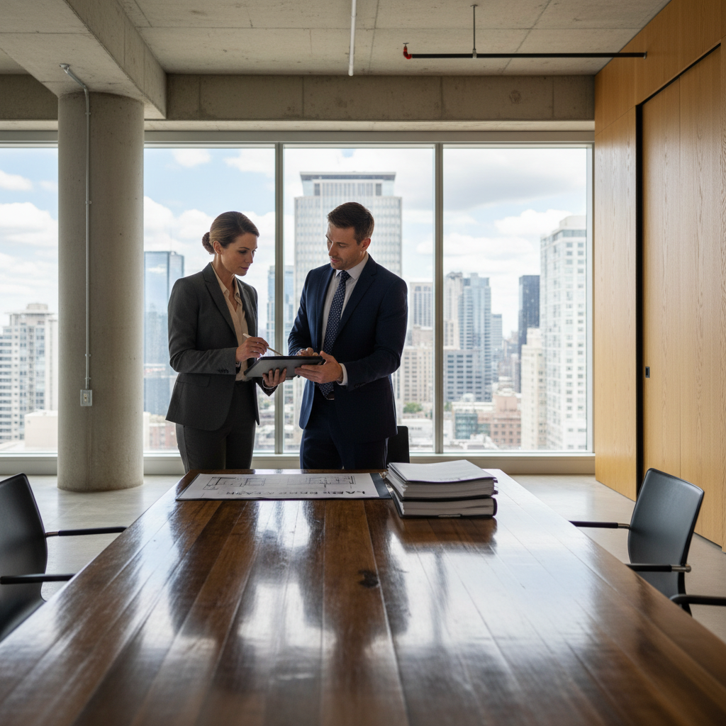 A photorealistic image of a professional businesswoman in a modern office building, reviewing a commercial lease agreement with a male colleague, symbolizing the careful creation of rental contracts for business spaces without common mistakes, no children present.