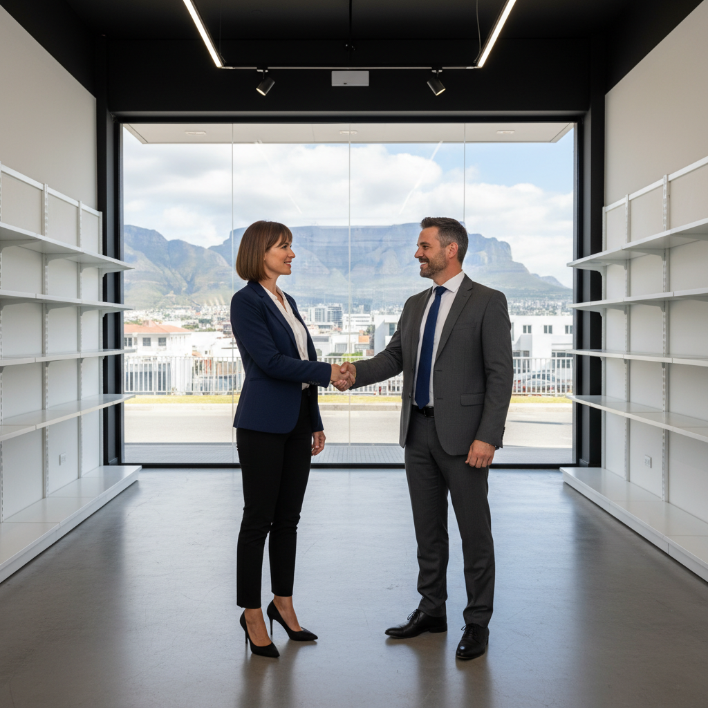 A photorealistic image of a professional businesswoman in a modern retail store in South Africa, standing confidently while shaking hands with a suited businessman, symbolizing a successful lease negotiation, with South African elements like a subtle view of Table Mountain in the background through the store window, no children present.