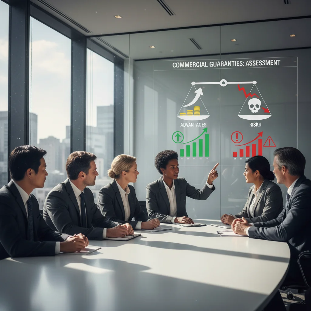 A photorealistic image representing the advantages and risks of commercial guarantees for businesses, showing a professional business meeting where executives are discussing financial agreements, with elements like charts showing growth and caution signs, in a modern office setting, no children present.