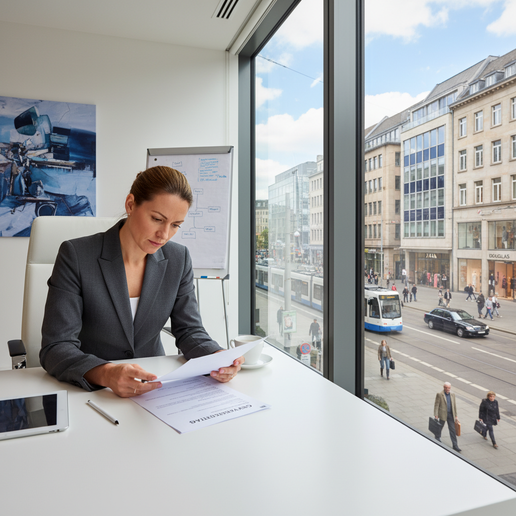 A photorealistic image of a modern German commercial office space with a business professional reviewing a lease agreement at a desk, surrounded by urban business environment elements like windows overlooking a city street with shops, emphasizing commercial property rental without showing any legal documents directly.